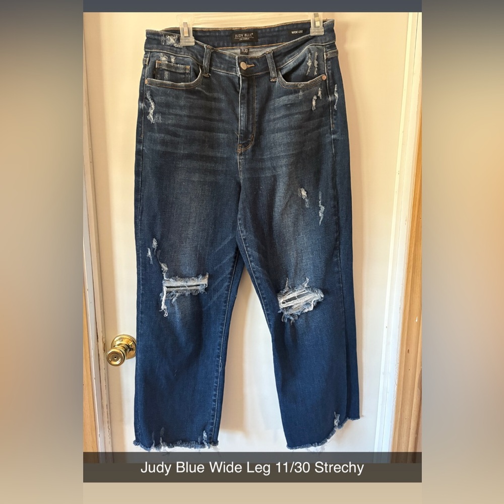 Judy Blue Women's Dark Blue Distressed Wide Leg Jeans